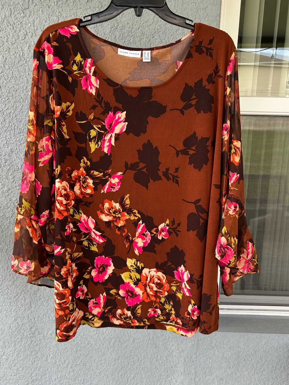 Susan Graver Floral Sheer Ruffle Sleeve Stretchy Pull Over Top Size 2X Colorful